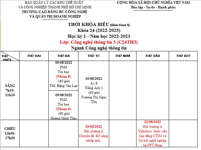 Thời khóa biểu sinh viên trình độ cao đẳng Khóa 24 HK 1 NH 2022-2023 (Áp  dụng từ ngày 08/8/2022) - Giai đoạn 1